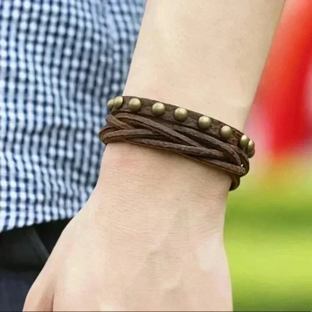 Handcrafted Leather Studded Celtic Viking Pirate Cuff Snap Brown Bracelet NWT